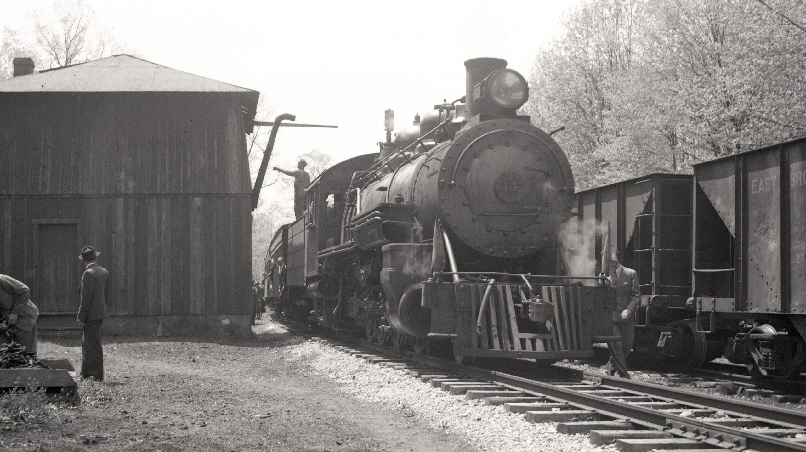 East Broad Top | Coles, Pennsylvania | Class 2-8-2 #14 steam locomotive | Water tower | Fan trip | May 19, 1940 | John Bowman, Jr. photograph