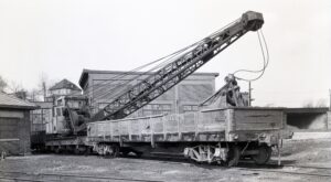 Raritan River Railroad | South Amboy, New Jersey | Big Hook / Crane #3 | Wooden gondola | Engine shops | Bordentown Avenue Bridge | March 20, 1954 | R L Long Photo