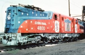 Conrail | Kearny, New Jersey | GG1 #4800 | aka “Old Rivets” | Bicentennial scheme | May 1976 | Ed McKernan photograph