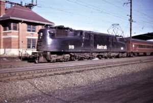 Amtrak | Monmouth Junction, New Jersey | GG1 919 | Midway Tower | January 1972 | Clocker service | Larry Steingarten photograph