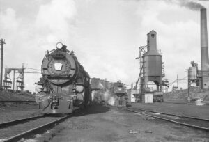 Pennsylvania Railroad | South Amboy, New Jersey | class K4s 4-6-2 #5471 + 1 steam locomotives | Coaling Tower | Engine House | September 8, 1955 | Fielding Lew Bowman photograph