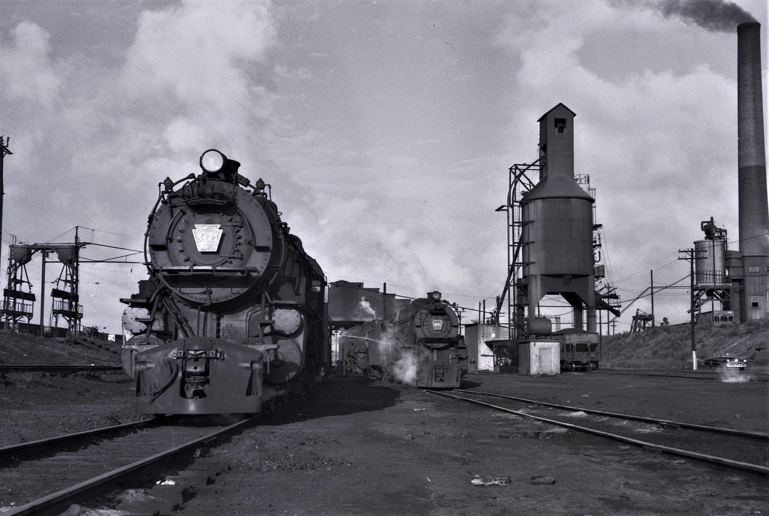 Pennsylvania Railroad | South Amboy, New Jersey | class K4s 4-6-2 #5471 + 1 | Coaling Tower | Engine House | September 8, 1955| Fielding Lew Bowman photograph