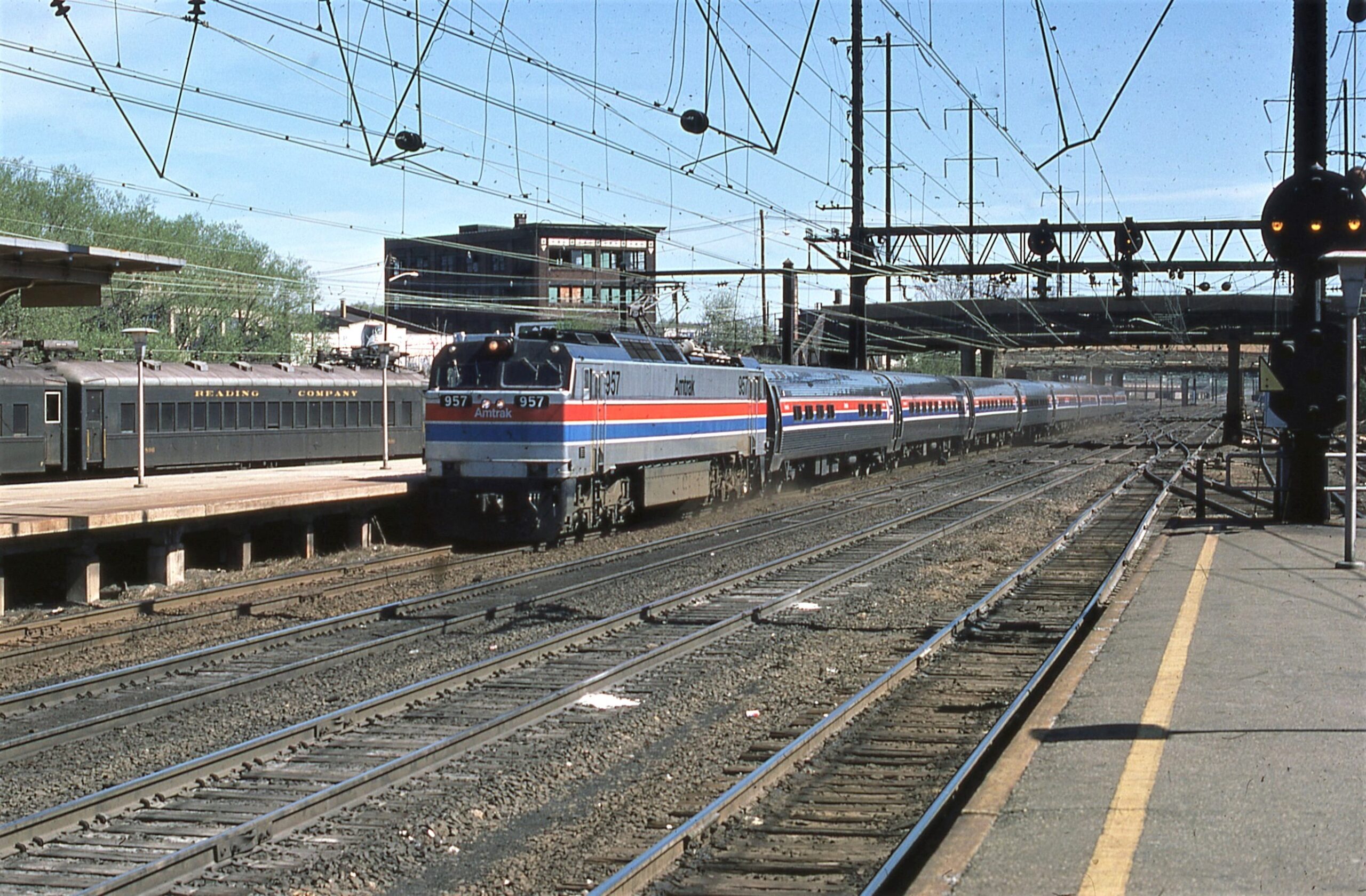 Amtrak | Trenton, New Jersey | E60CH #957 | Passenger train | Trenton NJ Station | April 1977 | William Rosenberg photograph