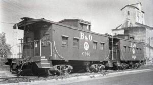 Baltimore and Ohio | Tuscola, Illinois | Class I-1 Caboose C-390 and C424 | March 1953 | H.B. Olsen photograph