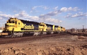 Atchison Topeka and Santa Fe Railway | Belen, New Mexico | SD45R’s 5372 5312 + 3 | to Galup | March 8, 1987 | Dick Flock Photo