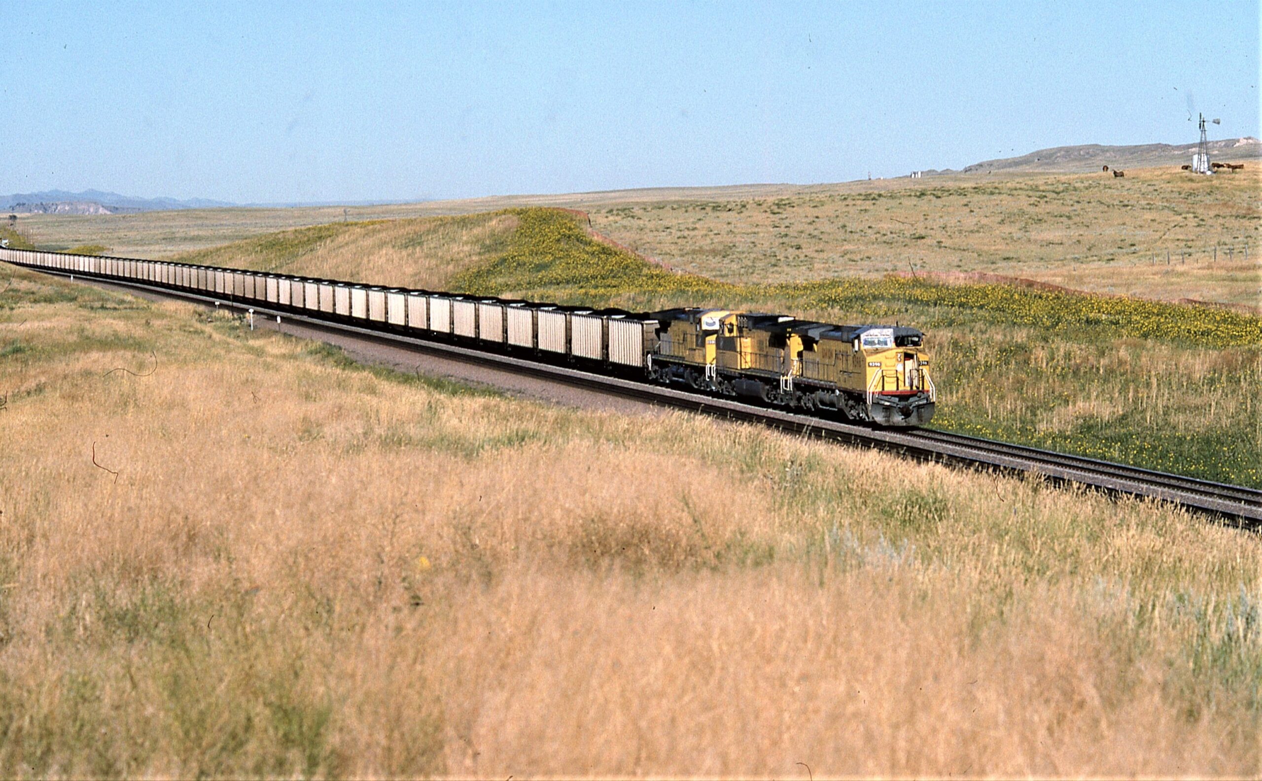 Union Pacific | Harrison, Nebraska | GE C40-8W #9396 + 2 ex C&NW diesel-electric locomotives | Unit Coal Train | August 18,1995 | Henry Bielstein photograph