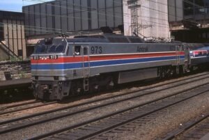 Amtrak | Trenton, New Jersey |GE E60CH #973 electric motor | Passenger train | Trenton NJ Station | April 1976 | William Rosenberg photograph