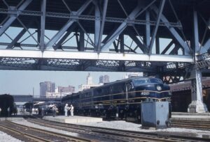 Baltimore and Ohio | Pittsburgh, Pennsylvania | Class FA-2 #4021 + FA-2 B and FA2 Alco Diesel-electric locomotive | Grant Avenue B&O Station | 1959 NRHS Convention Special Passenger Train | September 6, 1959 | Ara Mesrobian photograph | NRHS Collection