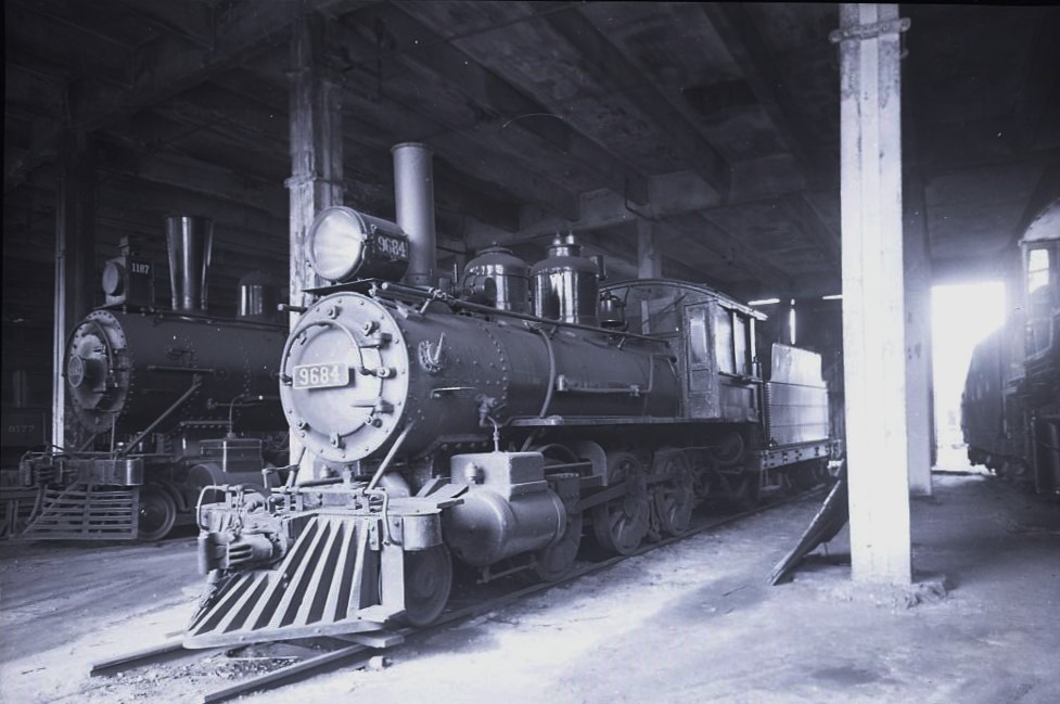 Waynesburg and Washington Railroad | Northumberland, Pennsylvania | 2-6-0 #9684 narrow gauge steam locomotive | PRR Northumberland Pa. roundhouse | 1956 | Fielding Lew Bowman photograph