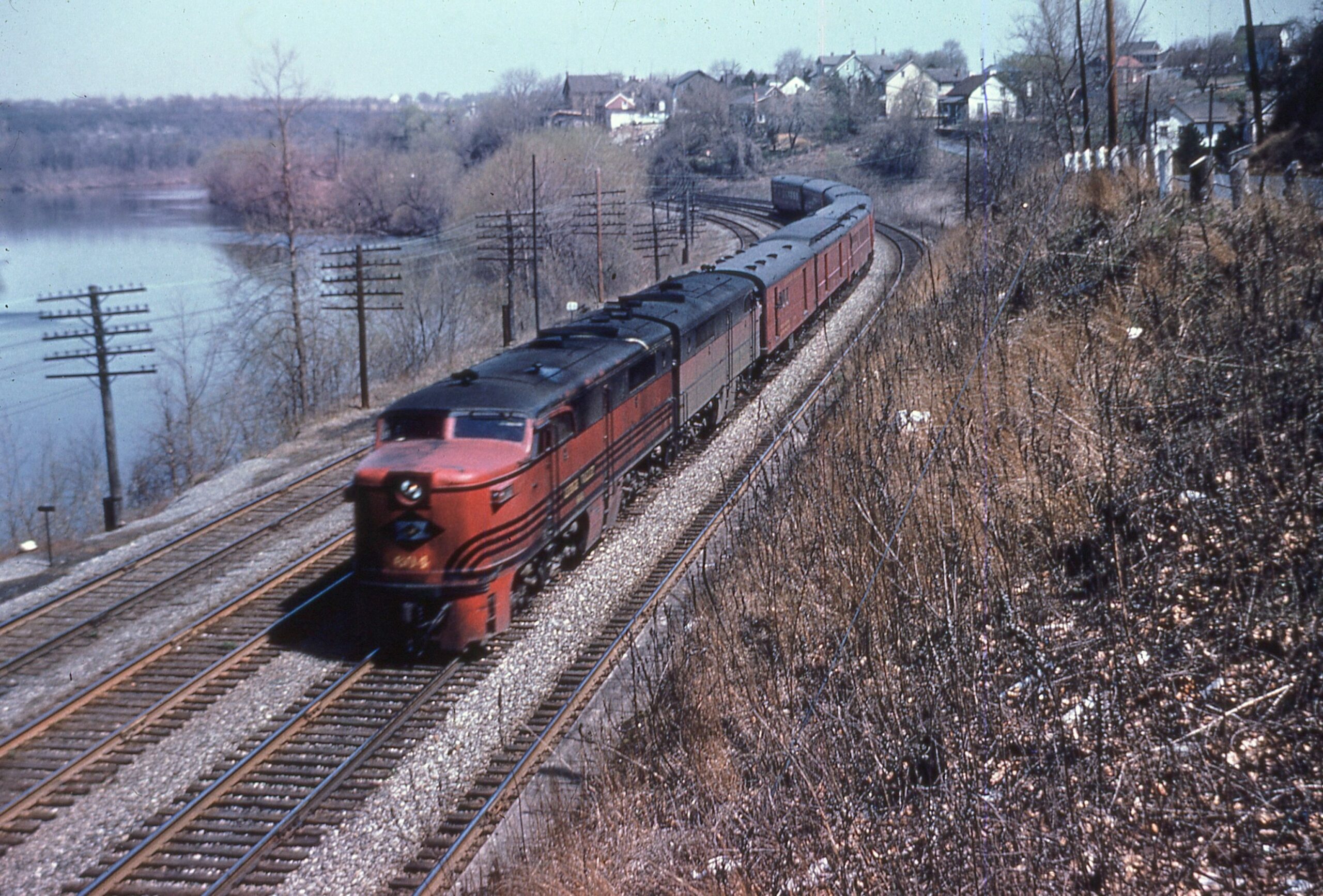 Lehigh Valley | Freemansburg, Pennsylvania | Alco PA-1 #604 diesel-electric locomotive | Passenger train | April 17, 1959 | Art Angstadt, Hawk Mountain Chapter, NRHS photo | Richard Prince Collection