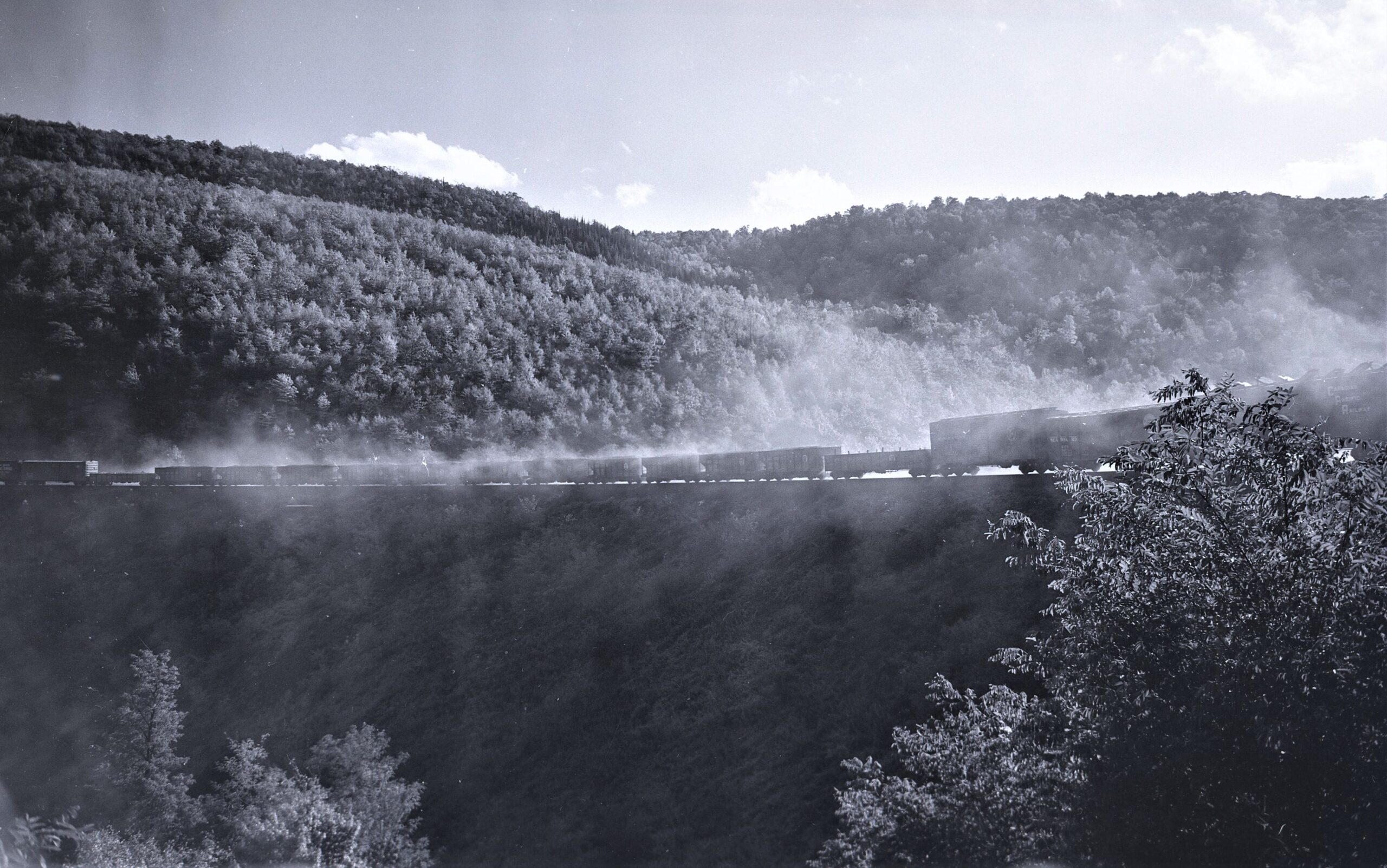 Pennsylvania Railroad | Altoona, Pennsylvania | Horseshoe Curve | Eastbound freight train | October 1954 | Fielding Lew Bowman photograph