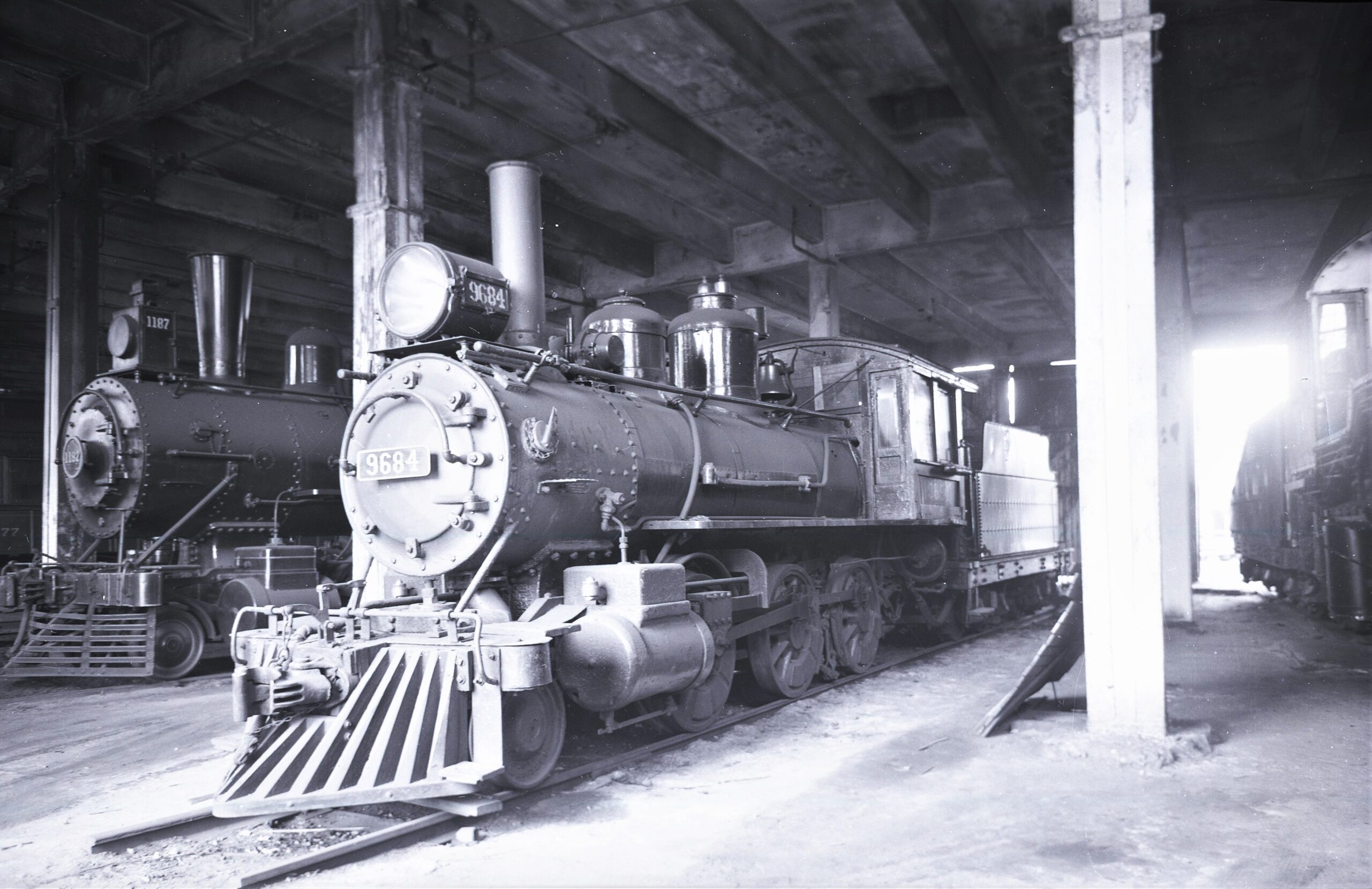 Waynesburg and Washington Railroad | Northumberland, Pennsylvania | 2-6-0 #9684 narrow gauge steam locomotive | PRR Northumberland Pa. roundhouse | 1956 | Fielding Lew Bowman photograph