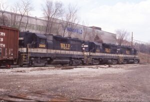 Wheeling and Lake Erie | Rook, Pennsylvania | EMD Class GP35, ex SRR #2675, 2683, 2682 diesel-electric locomotives | April 9, 1991 | Dick Flock Photograph