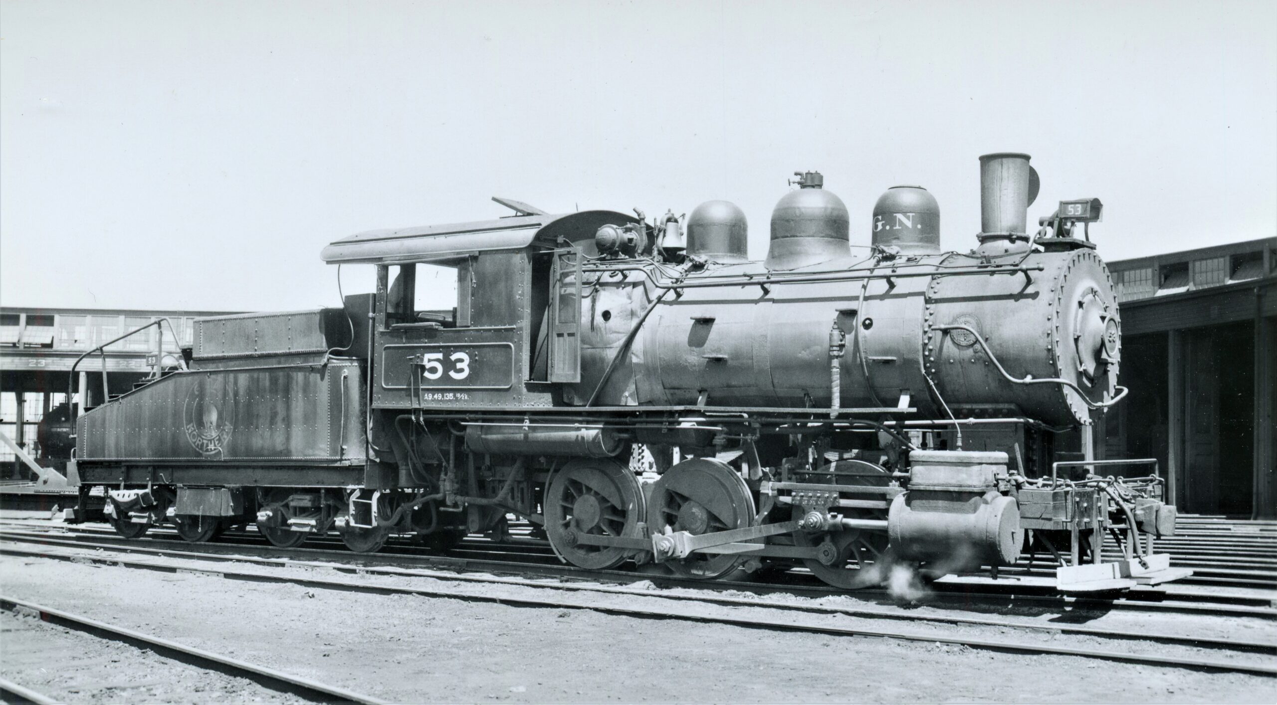 Great Northern Railway | Seattle, Washington | Class A-4 0-6-0 #53 steam locomotive | Roundhouse | July 12, 1928 | Robert Morris photograph