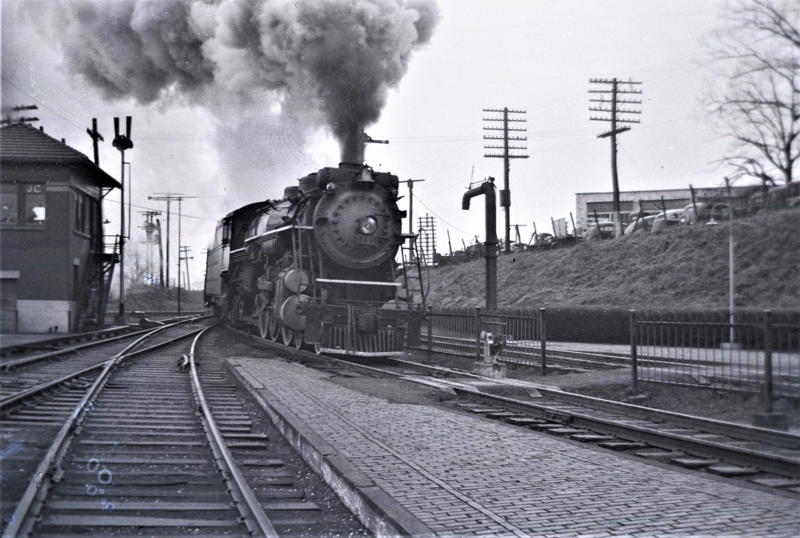 Southern Railway | Charlottesville, Virginia | Class Ps-4 4-6-2 #155 steam locomotive | Station Platform | Water Plug | JC Tower | April 1942 | Fielding Lew Bowman photograph