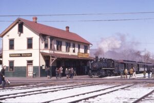 East Broad Top | Orbisonia, Pennsylvania | Class 2-8-2 #12 steam locomotive and train | Passenger Station | Winter Spectacular | February 1970 | Gerald Landau photograph