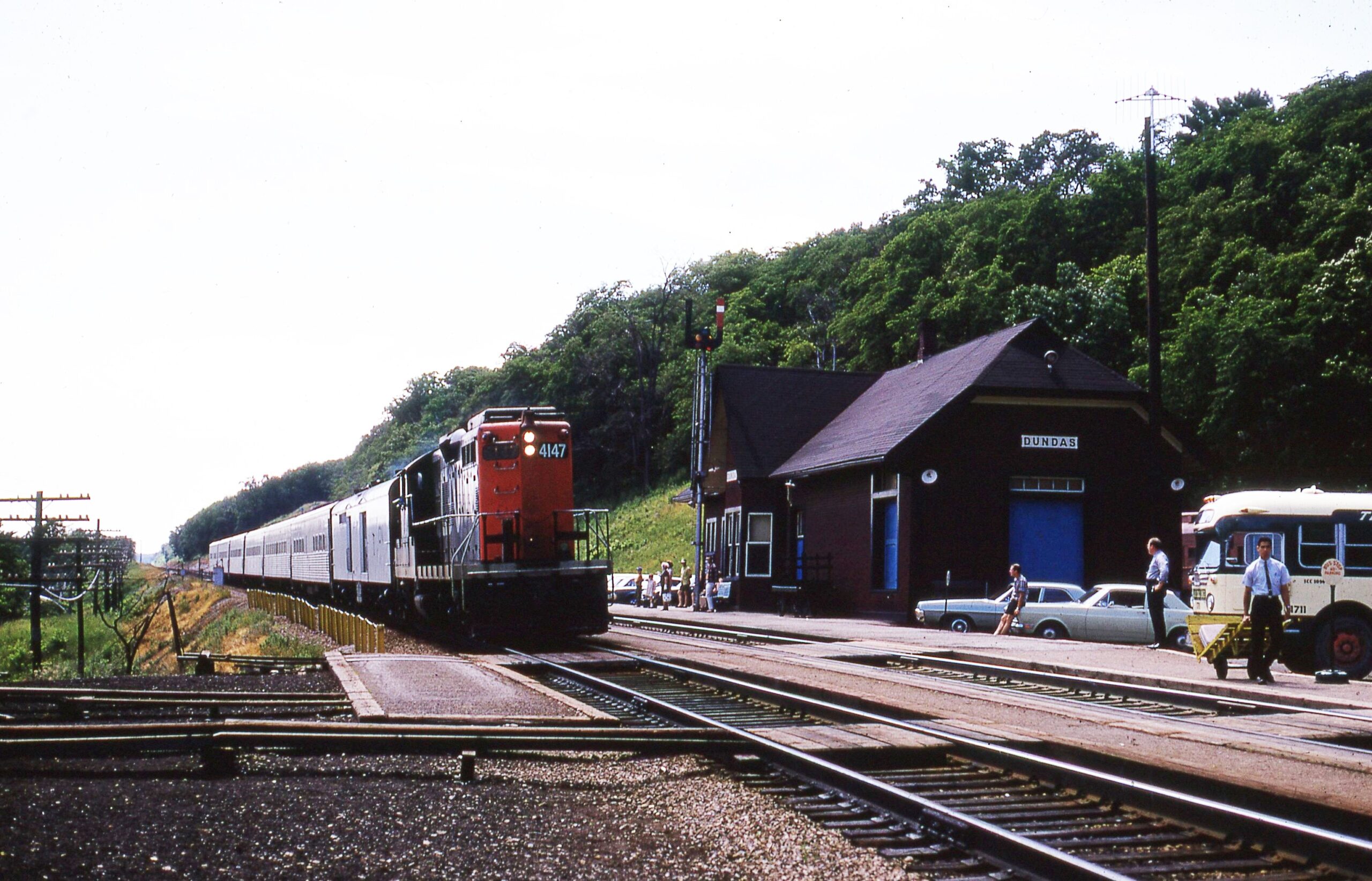Canadien National | Dundas, Ontario | GMC Class GP9 #4147 | Passenger train | Dundas Passenger Station | July 6, 1969 | Dave McKay photograph | Steve Timko collection