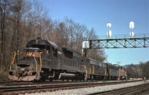 Western Maryland Railway | Rockwood, Pennsylvania | EMD SD40 7495 + F7b 403 & 404 and SD40 7432 diesel locomotives | March 1975 | Charles Houser, Sr. photograph