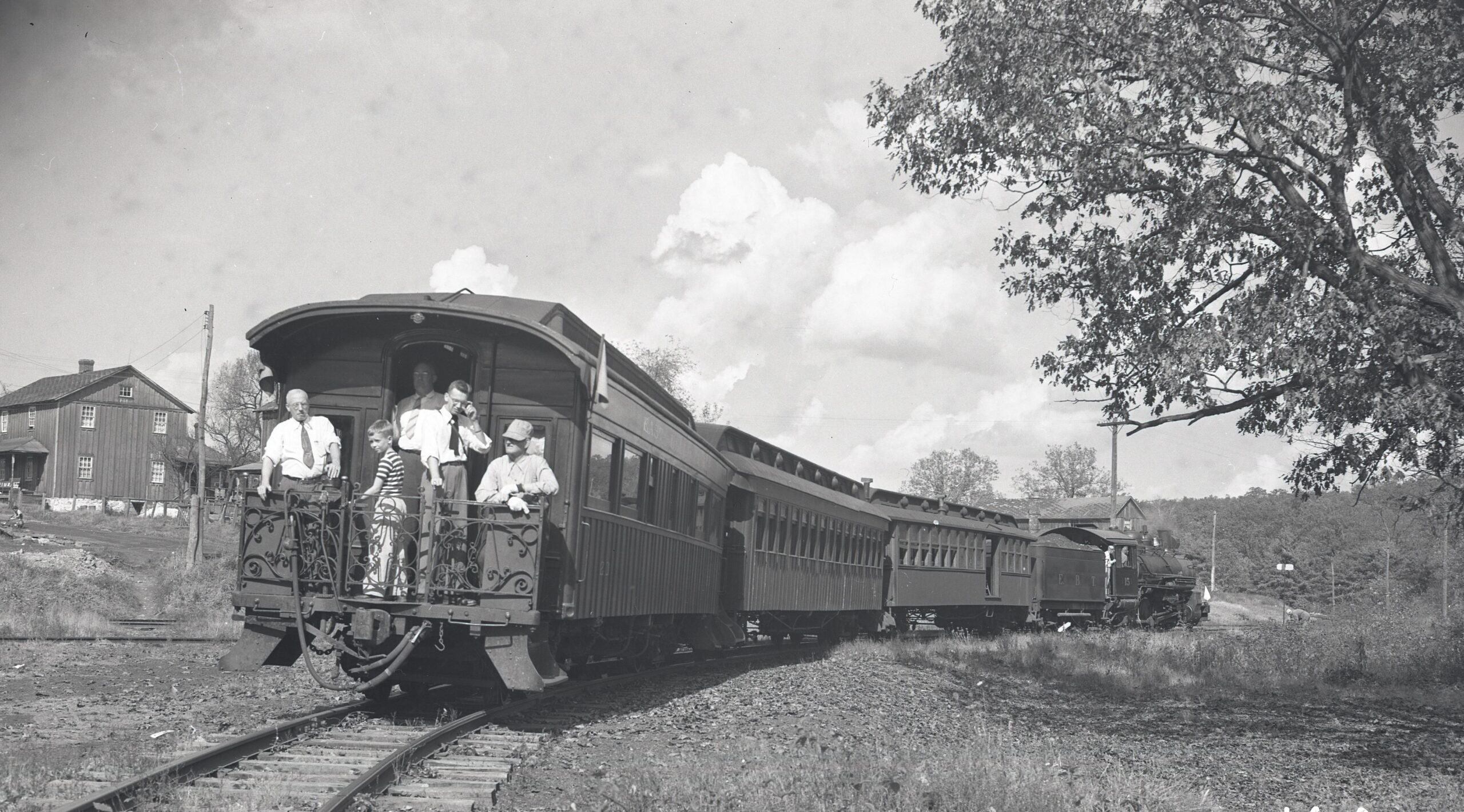East Broad Top | Robertsdale, Pennsylvania | Class 2-8-2 #15 steam locomotive | Observation car | NRHS Passenger extra | October 9, 1949 | John Bowman, Jr. photograph
