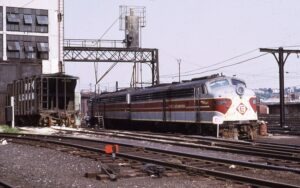 Erie Lackawanna | Hoboken, New Jersey | EMD E8a #830 + 1 diesel-electric locomotives | engine facility | September 1975 | Larry Steingarten photo