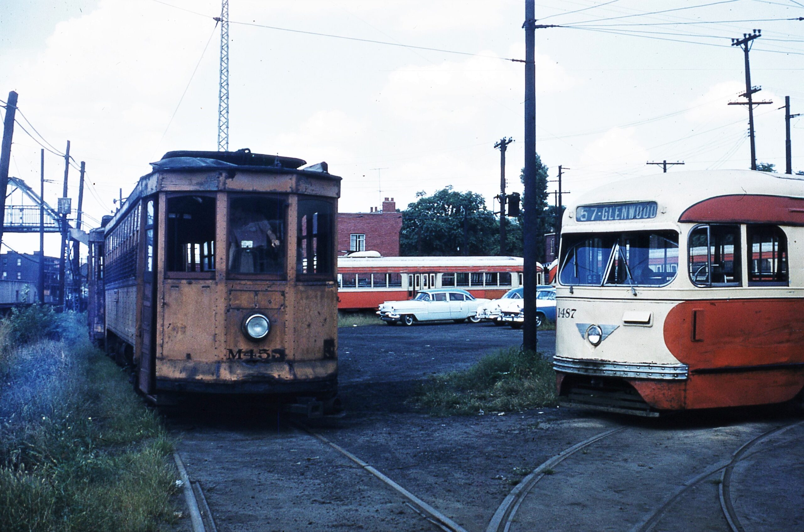 Pittsburgh Railways Company | Glenwood, Pennsylvania | Peter Witt car #M455 and PCC Car #1487 | 1959 NRHS Convention | September 7, 1959 | Ara Mesrobian photograph