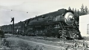 Southern Pacific Lines | Eugene, Oregon | Class GS4 #4463 steam locomotive | Train #19 westbound The Klamath | Water Stand |September 10, 1946 | Arthur B. Johnson photograph | NRHS Collection