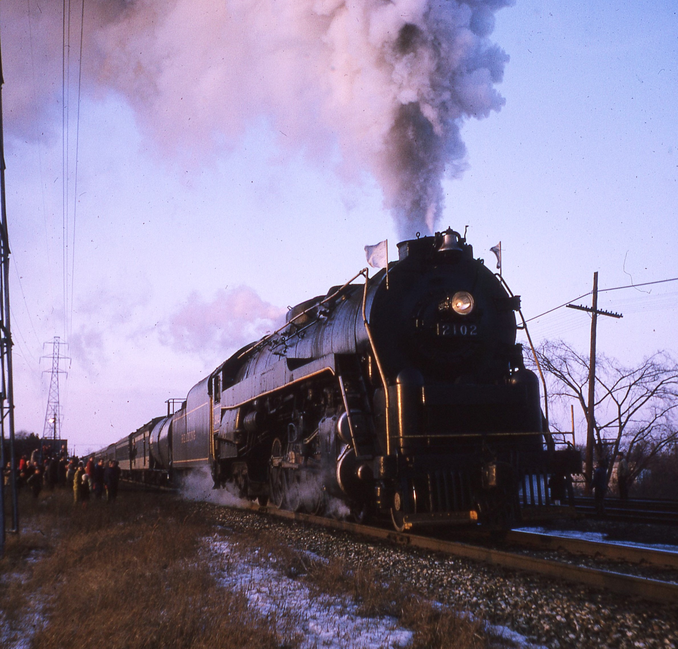 Reading Company | Birmingham, Michigan | Class T1 4-8-4 #2102 steam locomotive and passenger train | January 19, 1969 | Emery Gulash photograph