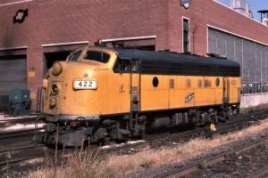 Chicago and Northwestern | Chicago, Illinois | EMD F7a 422 diesel-electric locomotive | Locomotive shop | September 22, 1975 | Bill Brennan photograph