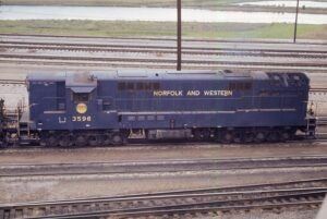 Norfolk and Western Railway | Bellevue, Ohio | FM Class H24-66 #3596 diesel-electric locomotive | ex- Wabash #596 | September 23, 1972 | Emery Gulash photograph