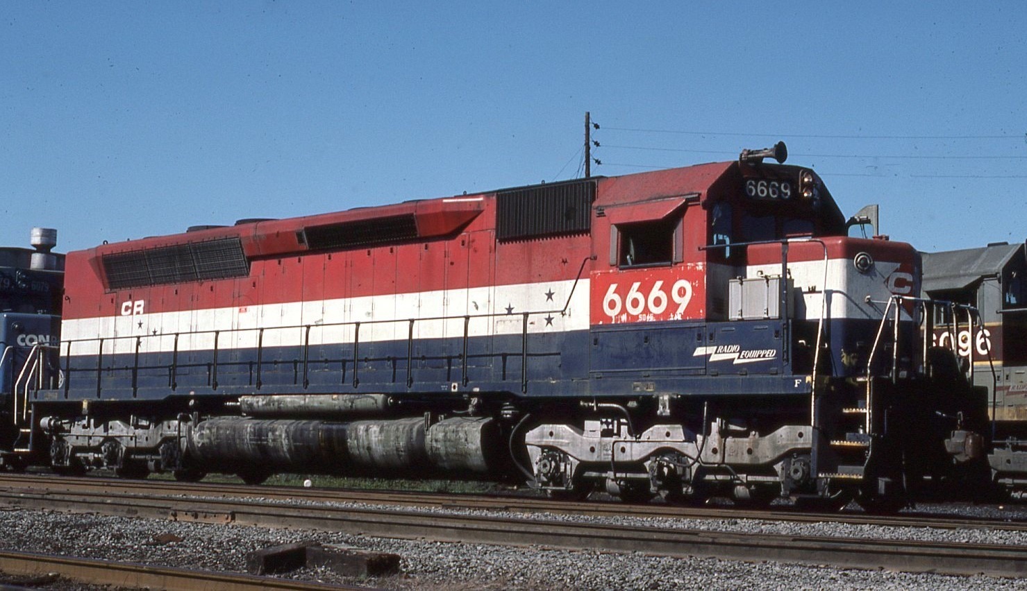 Conrail | ex-Erie Lackawanna | Harrisburg, Pennsylvania | EMD SDP45 #6669 diesel-electric locomotive | July 2, 1977 | David H. Hamley photograph
