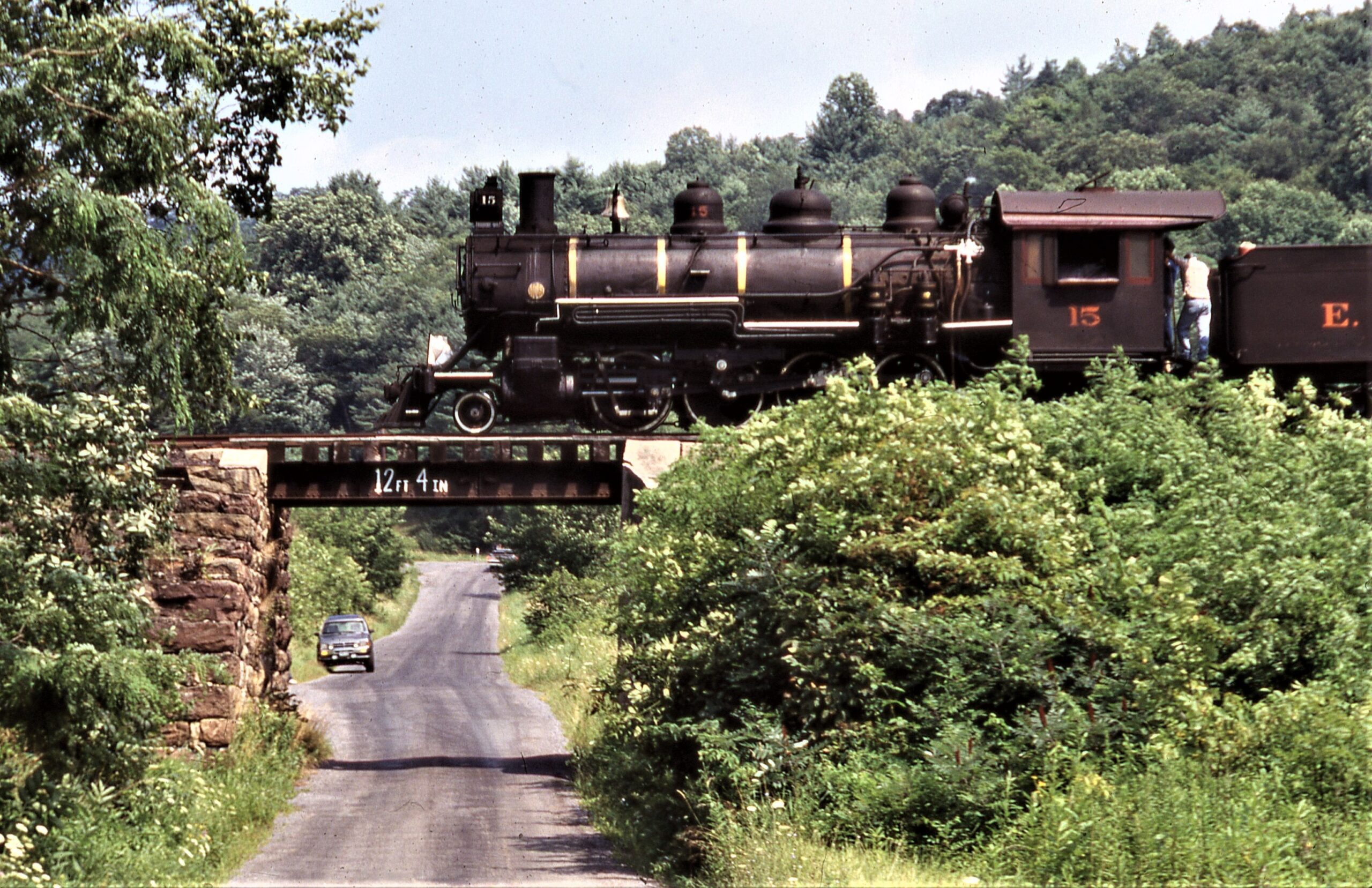 East Broad Top | Shirleysurg, Pennsylvania | Class Mikado 2-8-2 #15 steam locomotive | 3 PM Trip | Ferry Lane Bridge | July 23, 1995 | Dick Flock photograph
