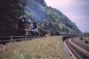 Pennsylvania Railroad | Pittsburgh, Pennsylvania | Fairbanks Morse Class H10-44 #5919 diesel-electric locomotive | local freight train | September 3, 1954 | John Dziobko, Jr. photograph