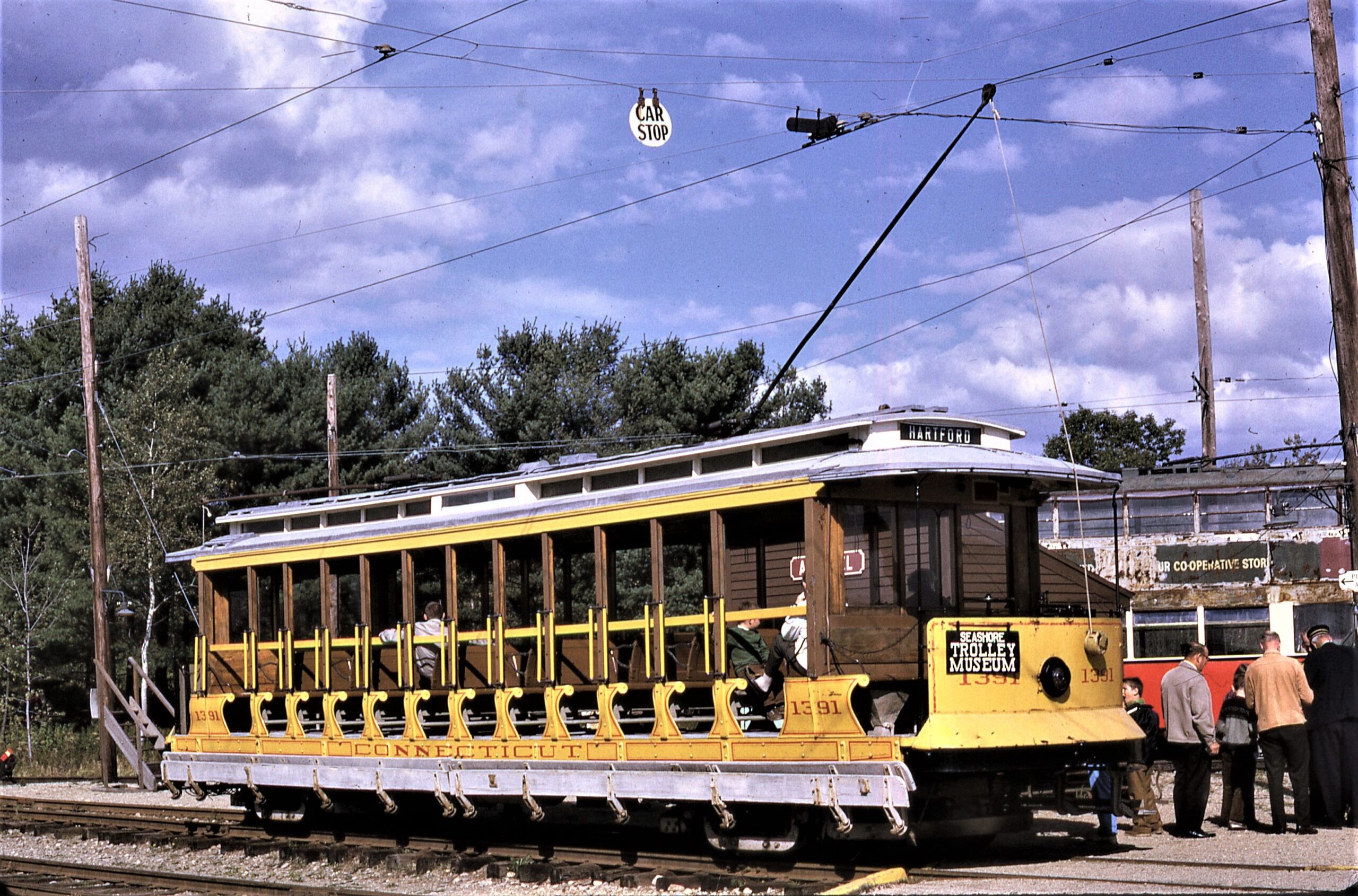 Connecticut Company | Seashore Trolley Museum | Kennebunkport, Maine | Open electric trolley car #1391 | October 4, 1970 | Jack DeRossett photograph | Morning Sun Books Collection