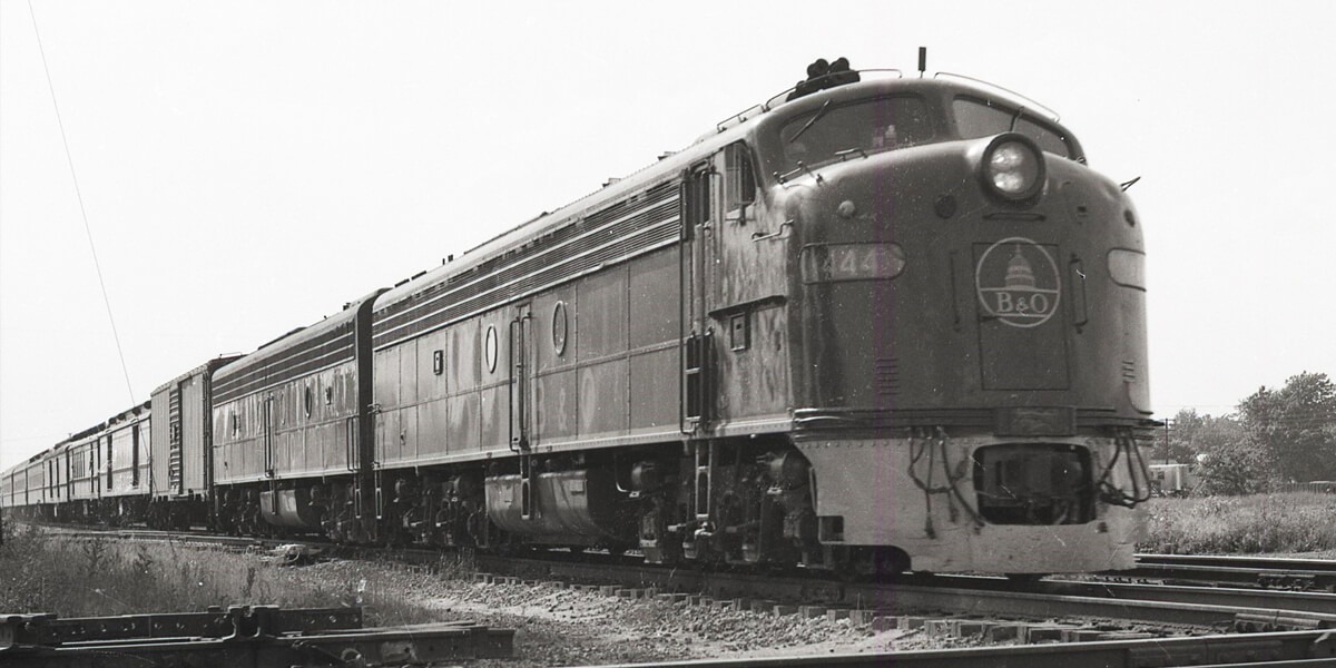 Baltimore and Ohio | Marion, Ohio | EMD E8a #1444 + 1 diesel-electric locomotive | Passenger train | Mail cars |1960 | Elmer Kremkow photograph