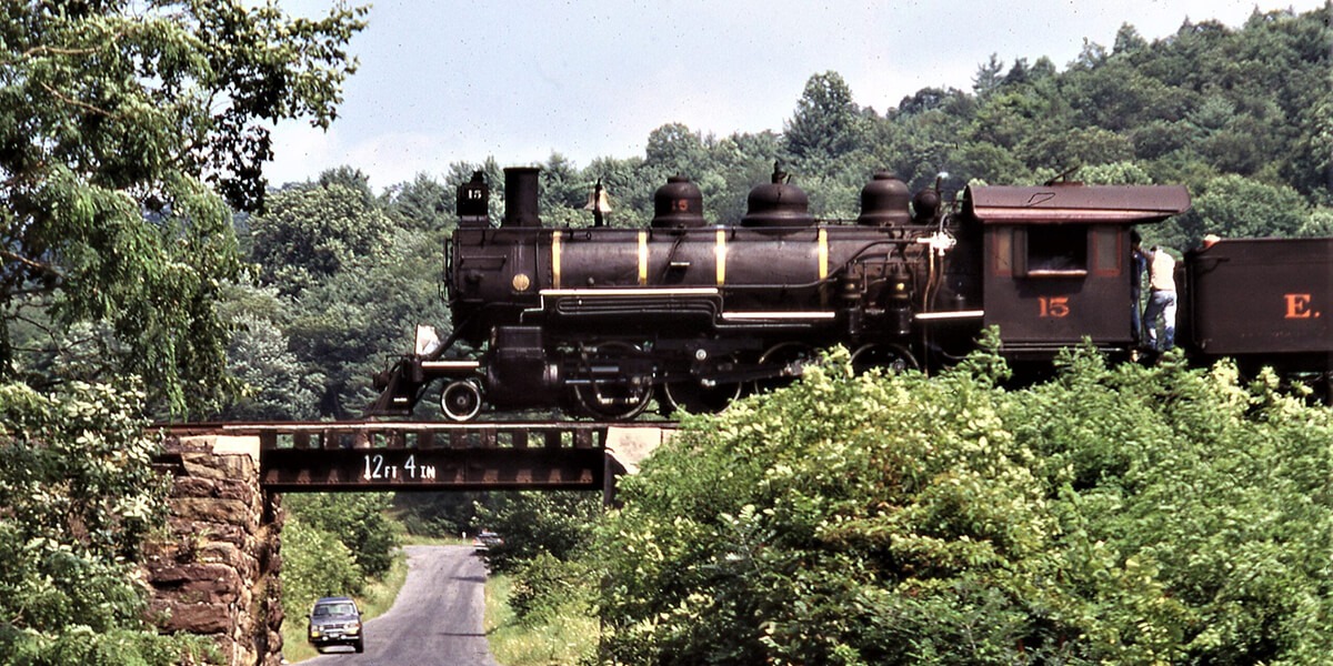 East Broad Top | Shirleysurg, Pennsylvania | Class Mikado 2-8-2 #15 steam locomotive| 3 PM Trip | Ferry Lane Bridge | July 23, 1995 | Dick Flock photograph