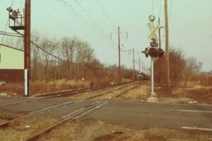 Conrail | Dayton, New Jersey | EMD GP Diesel-electric locomotive | Morrisville, Pa. to Browns Yard, NJ local | Culver Road | electric catenary intact | March 10, 1979 | J.G. Madden photograph