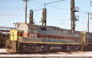 Conrail | Youngstown, Ohio | Alco Class C424 #2479 diesel electric locomotive | ex-Erie Lackawanna #2405 | Sanding tower | December 5, 1976 | Davis Hamley | Morning Sun Books CollectionElmer Kremkow photograph