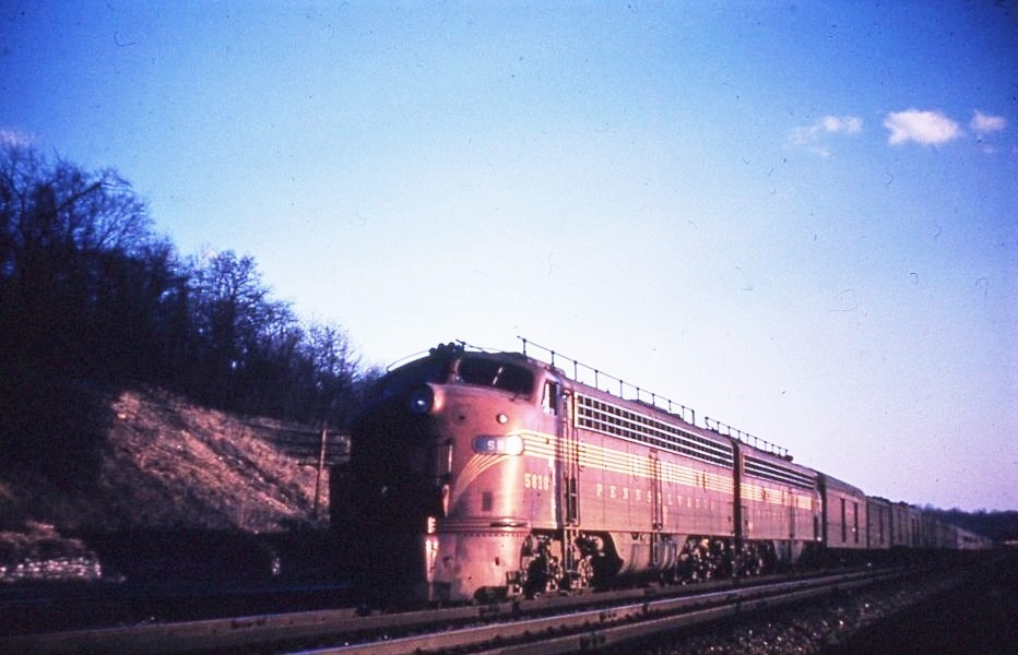 Pennsylvania Railroad | Rockville, Pennsylvania | EMD Class E8a #5810+ 1 diesel-electric locomotive | Passenger Train | September 1, 1954 | Richard Wallin photograph | Richard Prince Collection