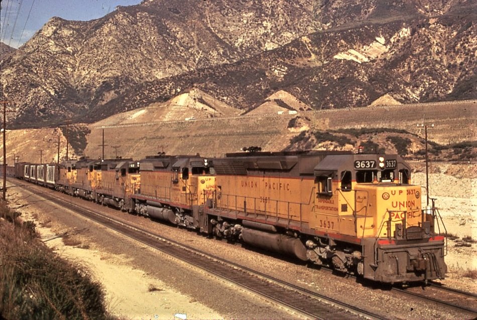 Union Pacific Railway | San Bernardino, California | Cajon Pass | EMD Class SD45 #3637 + SD40-GP35-SD24-GP30 diesel electric locomotives | Freight Train | July 31, 1972 | R.R. Wallin photograph | Elme Kremkow Collection