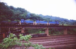 Union Railroad | Braddock, Pennsylvania | MP15 diesel-electric locomotives | Slab train | July 27, 2003 | Dick Flock photograph