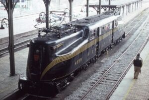 Pennsylvania Railroad | Harrisburg, Pennsylvania | Class GG1 4-6+6-4 #4859 electric motor | Harrisburg Passenger Station | November 1988 | Jack DeRosset photograph