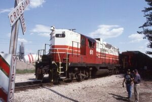Indiana and Ohio Railroad | Lancaster, Ohio | EMD GP9 #61 diesel-electric locomotive | Anchor Hocking Plant | April 24, 1998 | John Roberts photograph | Dick Flock collection