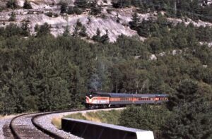 Bangor and Aroostook | Mosquito Mountain, Maine | EMD F3a #42 diesel-electric locomotive | MEC Inspection Train | July 28, 1985 | John Wilson photograph