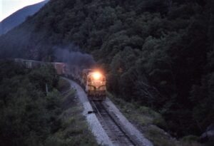 Maine Central | Crawford Notch, New Hampshire | GE U23B #4088 + 1 diesel-electric locomotives | Freight train | August 1, 1988 | Scott Gassett photo | John Wilson collection