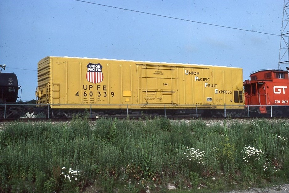 Union Pacific | Birmingham, Michigan | UPFE #460339 yellow reefer | June 1982 | Steve Timko collection