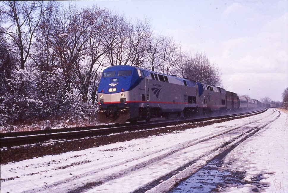 Amtrak | Derry, Pennsylvania | GE D9-42B 140 and 173 diesel-electric locomotives | Westbound Amtrak Three Rivers | November 27, 2002 | Dick Flock photograph
