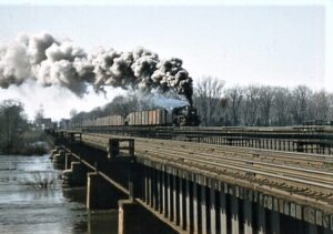 Canadian Pacific | Vandreull, Quebec | Class G5b 4-6-2 #1224 steam locomotive | freight train | Dorval River Bridge | March 28, 1958 | Robert Collins photograph | Morning Sun Books collection