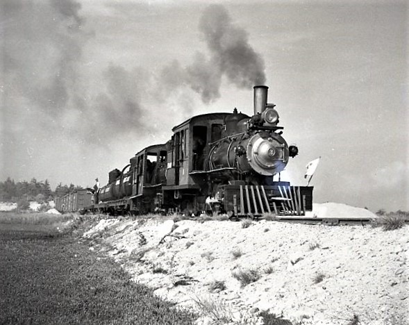 Edaville Railroad | South Carver, Massachusetts |  0-4-4 #3 and 2-8-0 # 4 steam locomotives | west of Mount Urann | freight train | June 1950 | Fielding Lew Bowman photograph