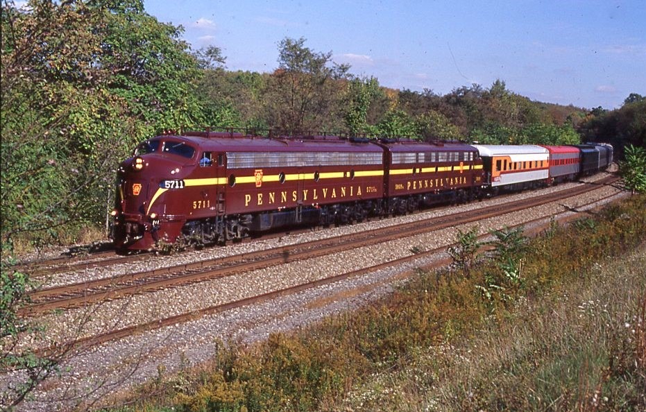 Pennsylvania Railroad | Juniata Terminal | Greensburg, Pennsylvania | EMD E8a #5711 and #5809 diesel-electric locomotives | Private Car Assn. Excursion | October 21, 1992 | Dick Flock photograph