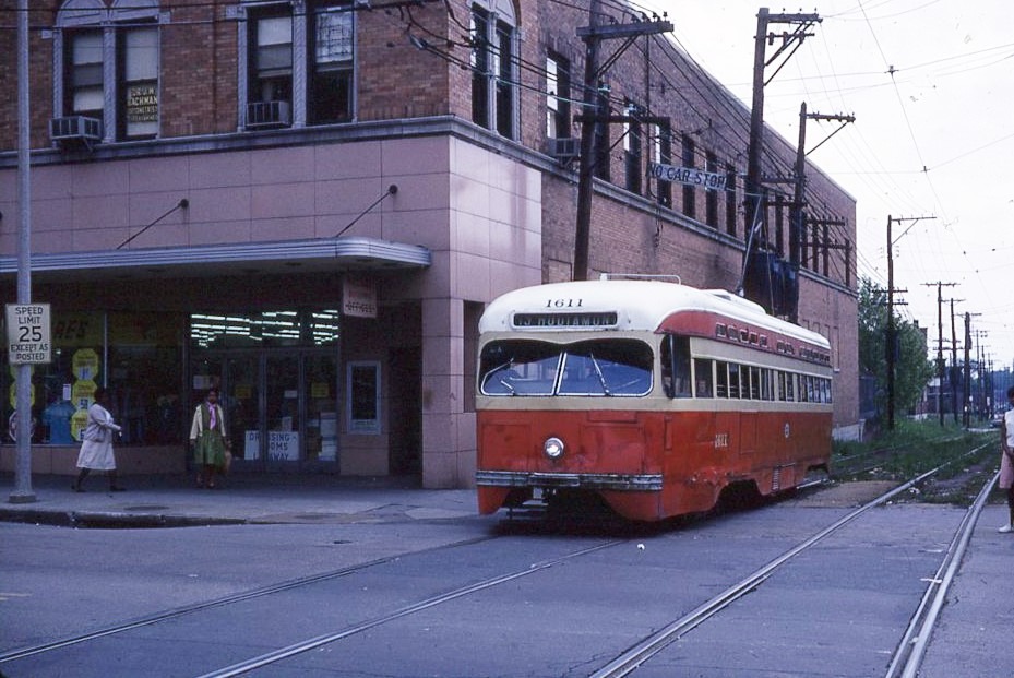 Saint Louis Public Service | Saint Louis, Missouri | PCC 1611 | Route 15 | Hodiamont Line | Easton Avenue with Kresge building | May 21, 1966 | Willard Thomas photograph